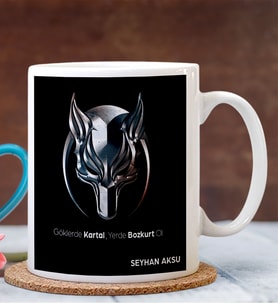 BK Gift Kişiye Özel Börü Tasarımlı Beyaz Kupa Bardak