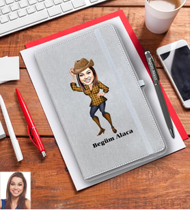 Kişiye Özel Bayan Karikatürlü Gri Defter Kalem Hediye Seti Model-4