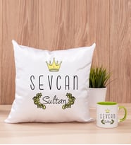 Evimizin SultanI Kare Yastık ve Yeşil Kupa Bardak