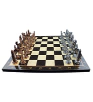 Metal Mısır Satranç Takımı Antik ve Ceviz Desenli MDF Ahşap Satranç Tahta (37x37 cm.) (Çok Renkli)