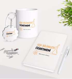 BK Gift Kişiye Özel Fen Bilimleri Öğretmeni Kupa Anahtarlık Beyaz Defter Kalem Hediye Seti-4 (Model 1)