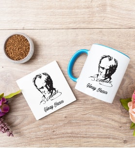 Atatürk Siluetli Mavi Kupa Bardak Ve Bardak Altlığı Seti
