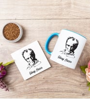 Atatürk Siluetli Mavi Kupa Bardak Ve Bardak Altlığı Seti