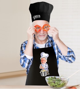 BK Gift Kişiye Özel Bay Chef Karikatürlü Siyah Mutfak Önlüğü Aşçı Şapkası Seti-4