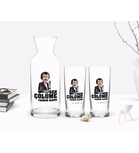 BK Gift Kişiye Özel Renkli Baskılı Çünkü Sen Çölüme Yağmur Oldun Tasarımlı İkili Rakı Bardağı ve Karaf Hediye Seti-7 (Model 1)