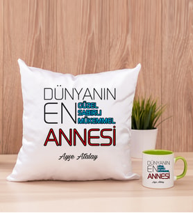 Dünyanın En İyi Annesi Kare Yastık ve Yeşil Kupa Bardak