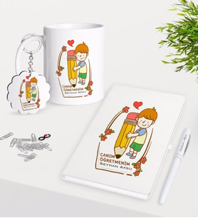 BK Gift Kişiye Özel Canım Öğretmenim Kupa Anahtarlık Beyaz Defter Kalem Hediye Seti-4 (Model 1)