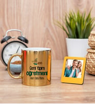 Gemi Yapımı Öğretmeni Gold Kupa Bardak ve Sarı Mini Fotoğraf Çerçevesi