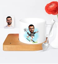 BK Gift Kişiye Özel Futbol Siyah Beyaz Karikatür Ahşap Altlıklı Seramik Fincan  1