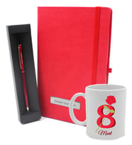 8 Mart Dünya Kadınlar Gününe Özel Kupa & Kırmızı Defter & Gold Detaylı Tükenmez Kalem Hediye Seti (Model 1)