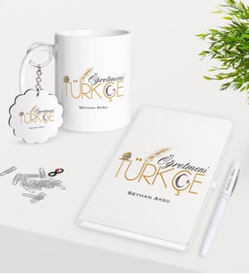 BK Gift Kişiye Özel Türkçe Öğretmeni Kupa Anahtarlık Beyaz Defter Kalem Hediye Seti (Model 1)
