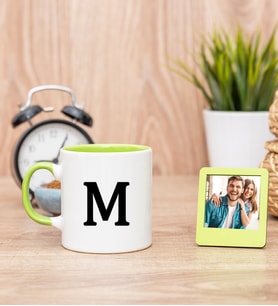 Baş Harfli Yeşil Kupa Bardak ve Yeşil Mini Fotoğraf Çerçevesi