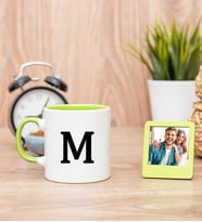 Baş Harfli Yeşil Kupa Bardak ve Yeşil Mini Fotoğraf Çerçevesi