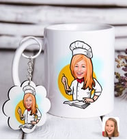 BK Gift Kişiye Özel Bayan Chef Karikatürlü Beyaz Kupa ve Anahtarlık Hediye Seti-12 (Model 1)