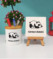 Uykucu Panda Tasarımlı Kişiye Özel Hediye Panda Kalemlik ve Dekoratif Taş Baskı Hediye Seti