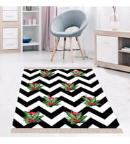 Flamingo Zigzag Desenli Modern Dijital Baskı Yıkanabilir Kaymaz Taban Salon Halı ve Yolluk (Siyah - Beyaz)