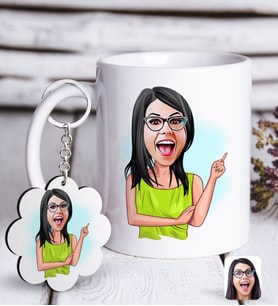 BK Gift Kişiye Özel Bayan Karikatürlü Beyaz Kupa ve Anahtarlık Hediye Seti-19 (Model 1)