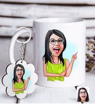 BK Gift Kişiye Özel Bayan Karikatürlü Beyaz Kupa ve Anahtarlık Hediye Seti-19 (Model 1)