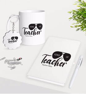 BK Gift Kişiye Özel Öğretmenin Kralı Kupa Anahtarlık Beyaz Defter Kalem Hediye Seti-1 (Model 1)