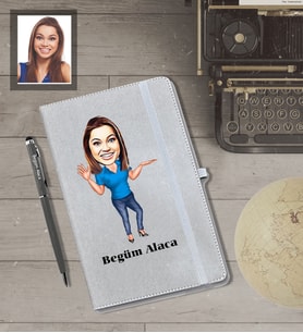 Kişiye Özel İş Kadını Karikatürlü Gri Defter Kalem Hediye Seti  Bayan-12