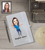 Kişiye Özel İş Kadını Karikatürlü Gri Defter Kalem Hediye Seti  Bayan-12