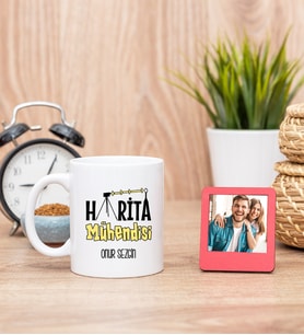 Harita Mühendisi Beyaz Kupa Bardak ve Kırmızı Mini Fotoğraf Çerçevesi