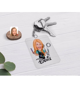 BK Gift Kişiye Özel Kadın Kuaför Karikatürlü Şeffaf Pleksi Anahtarlık (Beyaz)