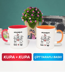 İkili Kişiye Özel Sevgililer Günü Hediyesi Kupa Bardak Kırmızı Turuncu