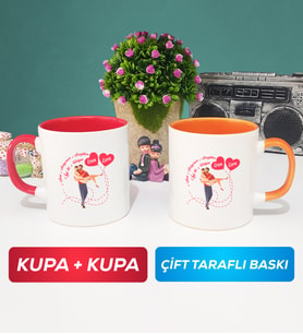 İkili Sevgiliye Sevgililer Günü Hediyesi 2 Kupa Bardak Kırmızı Turuncu