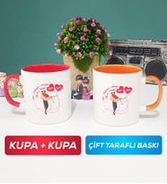 İkili Sevgiliye Sevgililer Günü Hediyesi 2 Kupa Bardak Kırmızı Turuncu