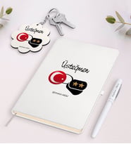 BK Gift Kişiye Özel Üsteğmen Beyaz Defter Kalem Ve Anahtarlık Hediye Seti (Model 1)