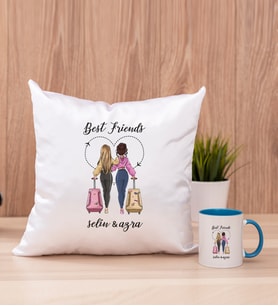 Best Friends Kare Yastık ve Mavi Kupa Bardak