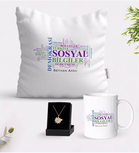 BK Gift Kişiye Özel Sosyal Bilgiler Öğretmeni Beyaz Kupa Yastık ve İsimli Papatya Kolye Hediye Seti-1 (Model 1)