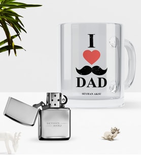 BK Gift Kişiye Özel Babamı Seviyorum Cam Kupa Bardak Benzinli Metal Çakmak Seti (Model 1)