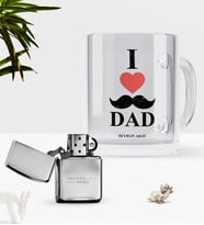 BK Gift Kişiye Özel Babamı Seviyorum Cam Kupa Bardak Benzinli Metal Çakmak Seti (Model 1)