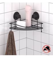 TEKNOTEL DELME VİDA MATKAP YOK! VAKUMLU TEK KATLI BANYO KÖŞE RAFI MAT SİYAH DM250