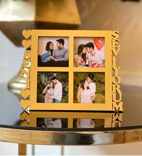 Kişiye Özel 4 Fotoğraflı Seni Seviyorum Mdf Çerçeve Gold