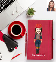 Kişiye Özel İtfaiyeci Karikatürlü Kırmızı Defter Kalem Hediye Seti Bayan-1