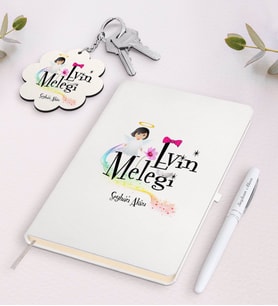 BK Gift Kişiye Özel Evin Meleği Beyaz Defter Kalem ve Anahtarlık Hediye Seti (Model 1)