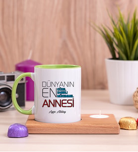 Dünyanın En İyi Annesi Ahşap Altlıklı Mumlu Yeşil Kupa Bardak