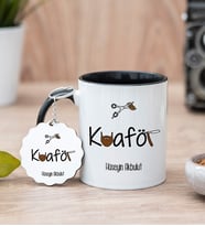 Erkek Kuaförü Siyah Kupa Bardak Ve Anahtarlık Set