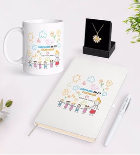 BK Gift Kişiye Özel Dünyanın En İyi Öğretmeni Beyaz Kupa Defter Kalem ve İsimli Papatya Kolye Hediye Seti-25 (Model 1)
