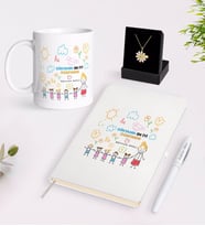 BK Gift Kişiye Özel Dünyanın En İyi Öğretmeni Beyaz Kupa Defter Kalem ve İsimli Papatya Kolye Hediye Seti-25 (Model 1)