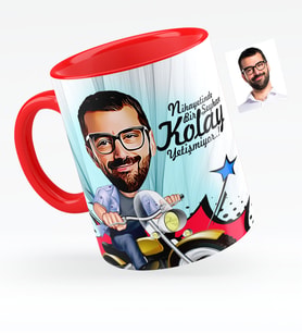 BK Gift Kişiye Özel Bay Motorcu Karikatürlü Kırmızı Kupa Bardak  1