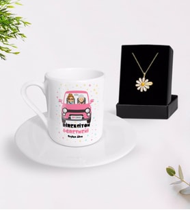 BK Gift Kişiye Özel Direksiyon Öğretmeni Türk Kahvesi Fincanı ve İsimli Papatya Kolye Hediye Seti (Model 1)