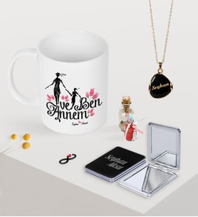 BK Gift Kişiye Özel Annem ve Ben Kupa Ayna ve Siyah Mineli Kolye Seti (Model 1)