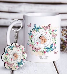 BK Gift Kişiye Özel Sevgililer Günü Fotoğraflı Sonsuz Takvimli Beyaz Kupa ve Anahtarlık Hediye Seti-3 (Model 1)