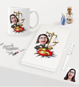 BK Gift Kişiye Özel Bayan Avukat Karikatürlü Beyaz Defter Kalem Kupa Seti - 4 (Model 1)