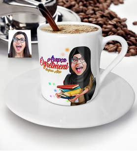 BK Gift Kişiye Özel Tesettürlü Bayan Öğretmen Karikatürlü Türk Kahvesi Fincanı - 2