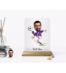 BK Gift Kişiye Özel Erkek Sarı Lacivert Futbolcu Karikatürlü Ahşap Standlı Çerçeve (Beyaz)